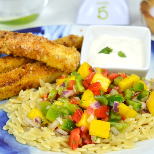 Crispy tofu sticks and mango pasta salad