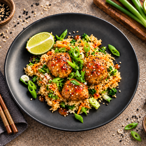 Dumpling-style pork meatballs with vegetable rice