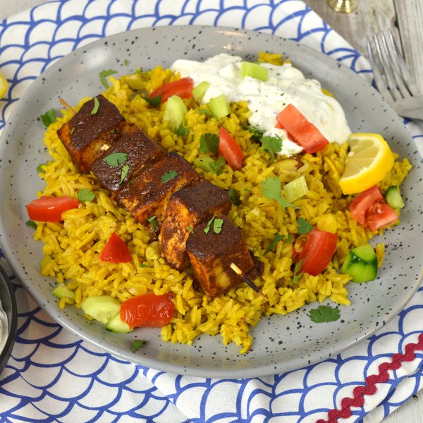 Brochettes végé shish-taouk et riz aux amandes