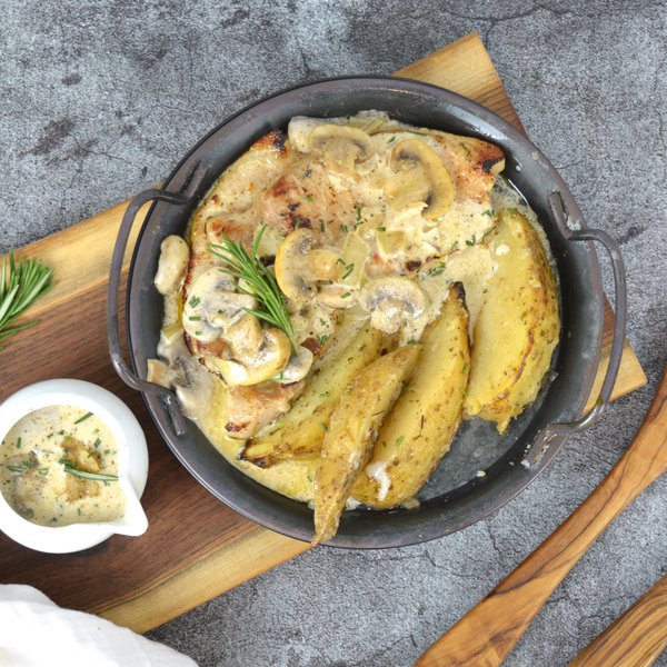 Pork chops with mushroom and rosemary sauce