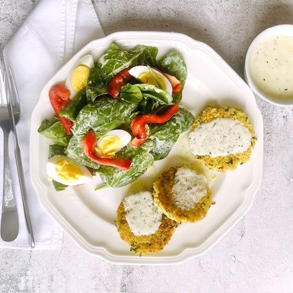 Couscous croquettes and spinach salad