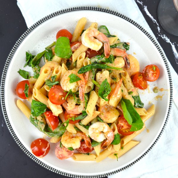 Penne aux crevettes sauce rosée et basilic