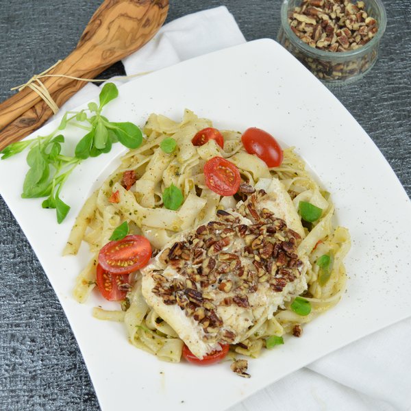 Walnut crusted fish and pesto noodles