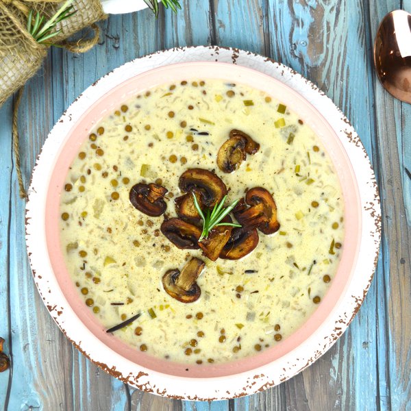 Cream of leek and miso soup with grilled mushrooms