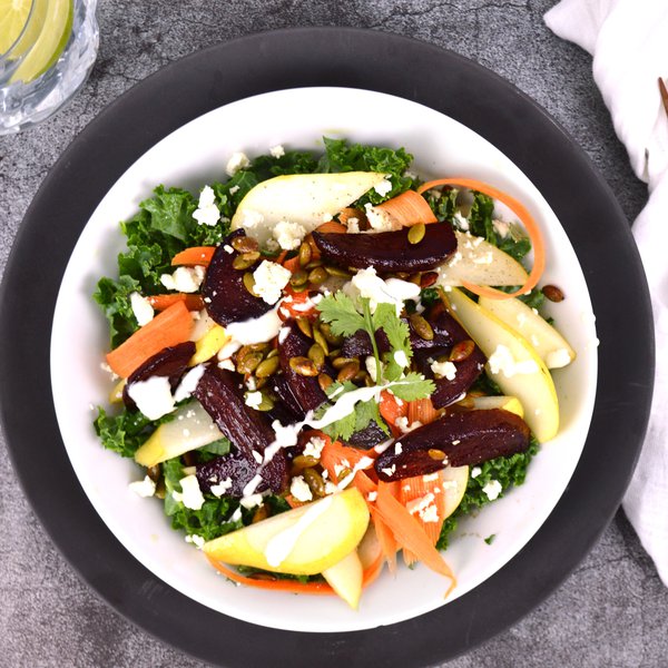 Beet salad with feta and roasted pumpkin seeds