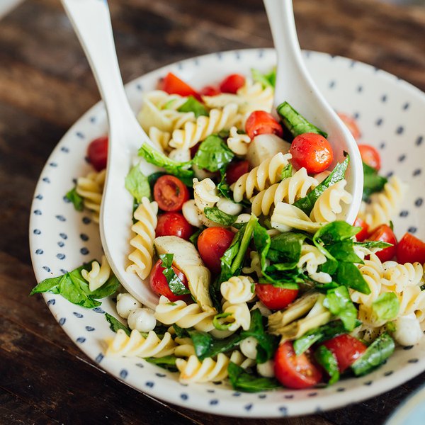 Warm Caprese pasta and bocconcini salad
