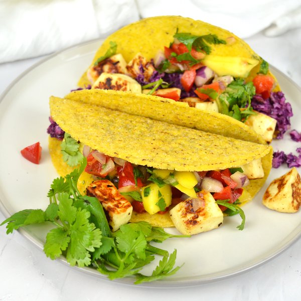 Grilled halloumi tacos and mango salsa